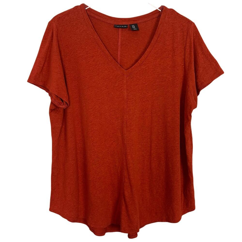 Tahari Dark Orange Short Sleeve V-Neck‎ Tee Linen Lyocell Casual Plus Size 1X